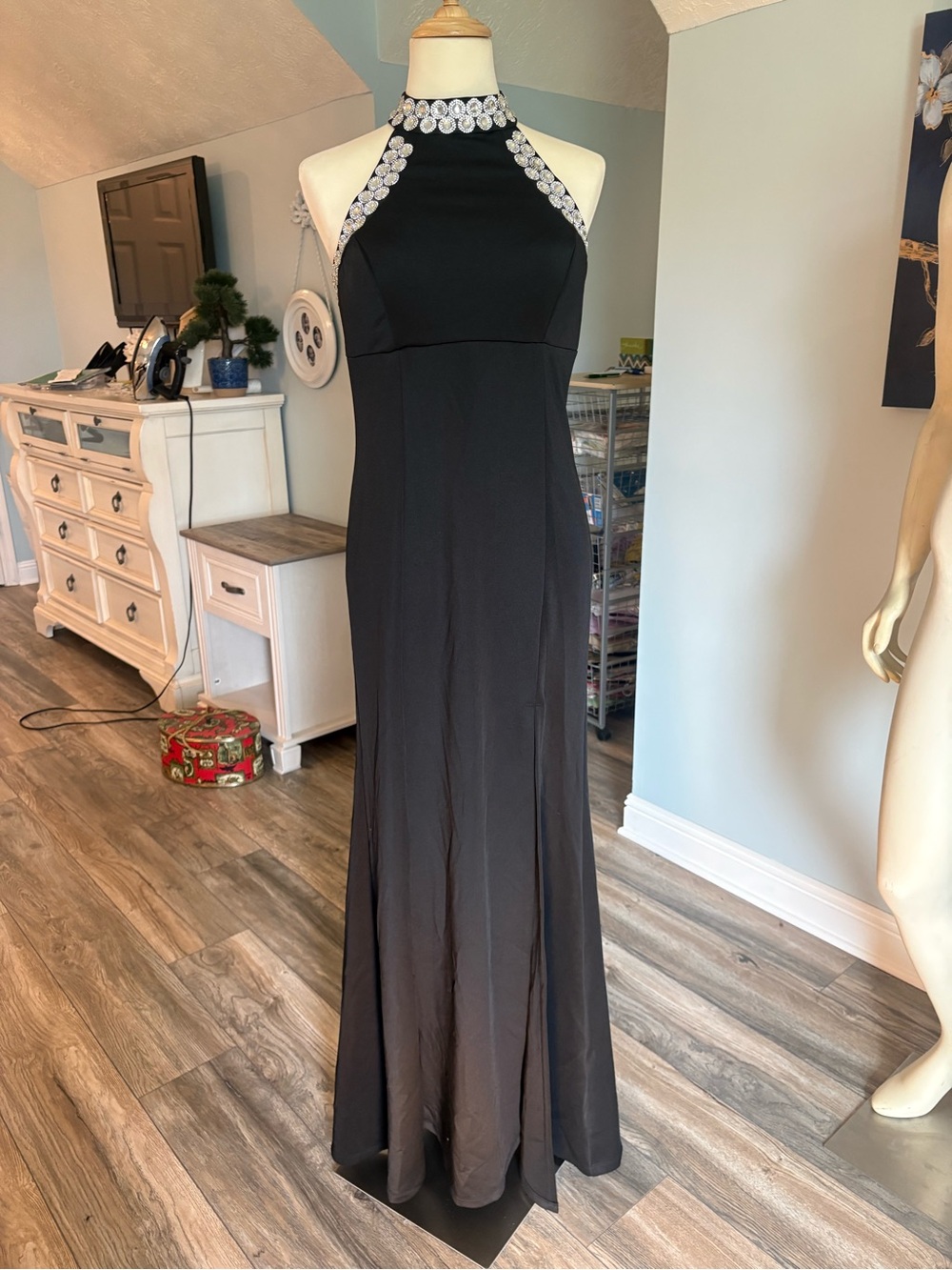 Crystal Doll Black Halter Prom Gown with Crystal Neckline sz5